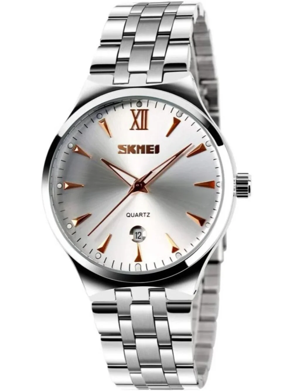 Men's Silver Rose Gold Analog Stainless Steel Roman Numeral Luxury Wrist Watch
